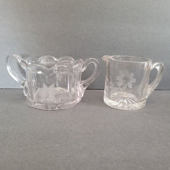 Vintage Clear Glass Sugar Bowl & Creamer Set With Etched Floral Design - Picture 1 of 7